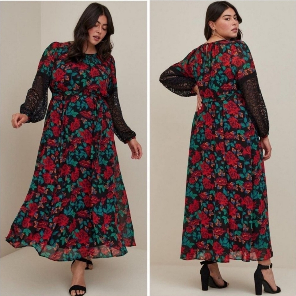 Torrid Red Black Floral Lace Sleeve Print Design Peasant Boho Maxi Dress